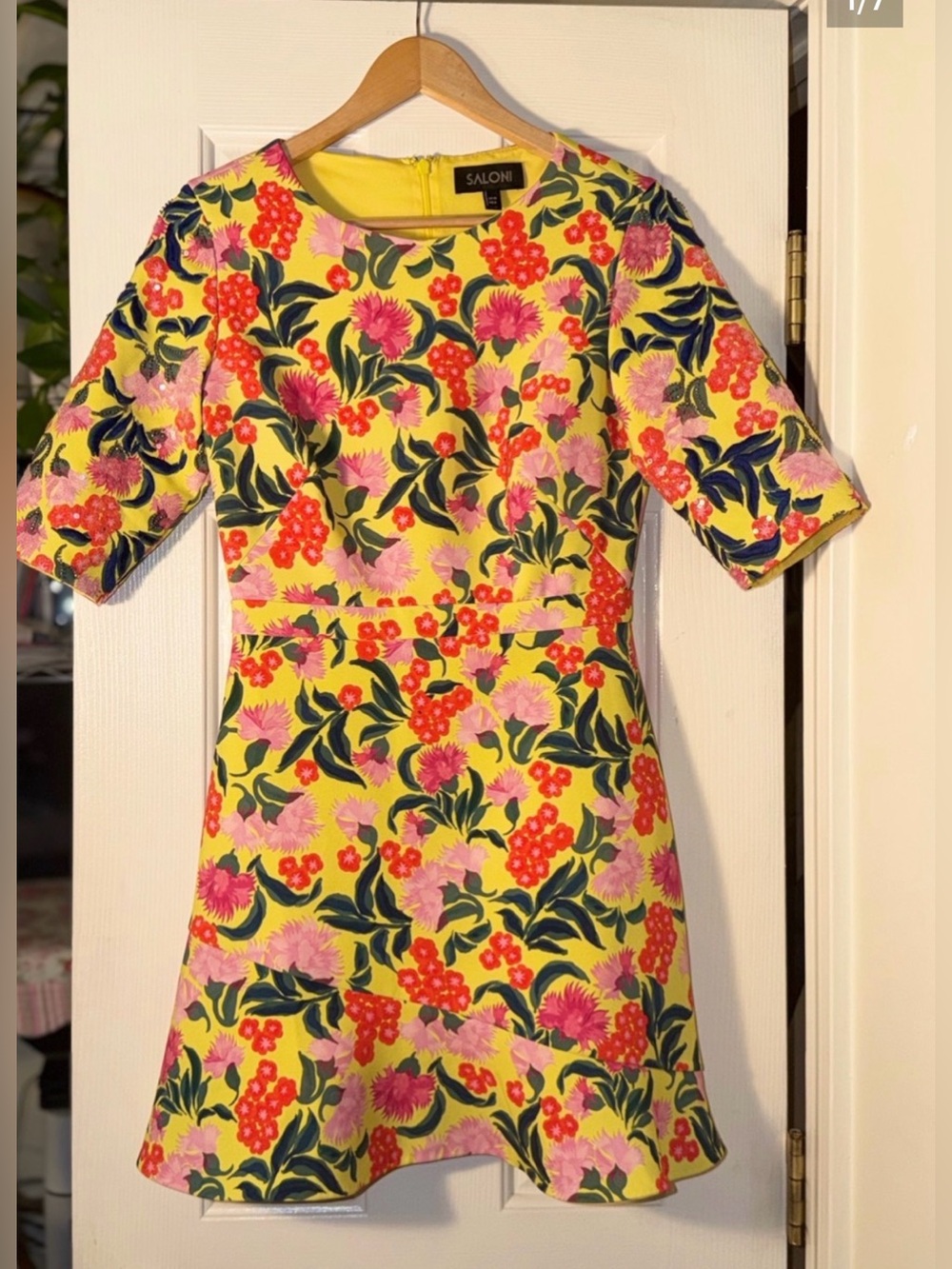 SALONI Celia Yellow Azalea Floral Sequin Fit Flare Mini Dress US 6 UK 10
